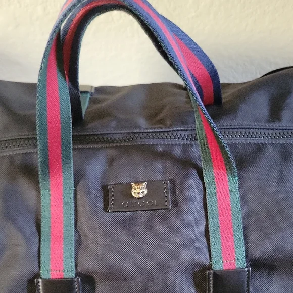 Gucci Black Techno Cat Head Duffel Bag with Red and Green Stripes - Picture 5 of 16